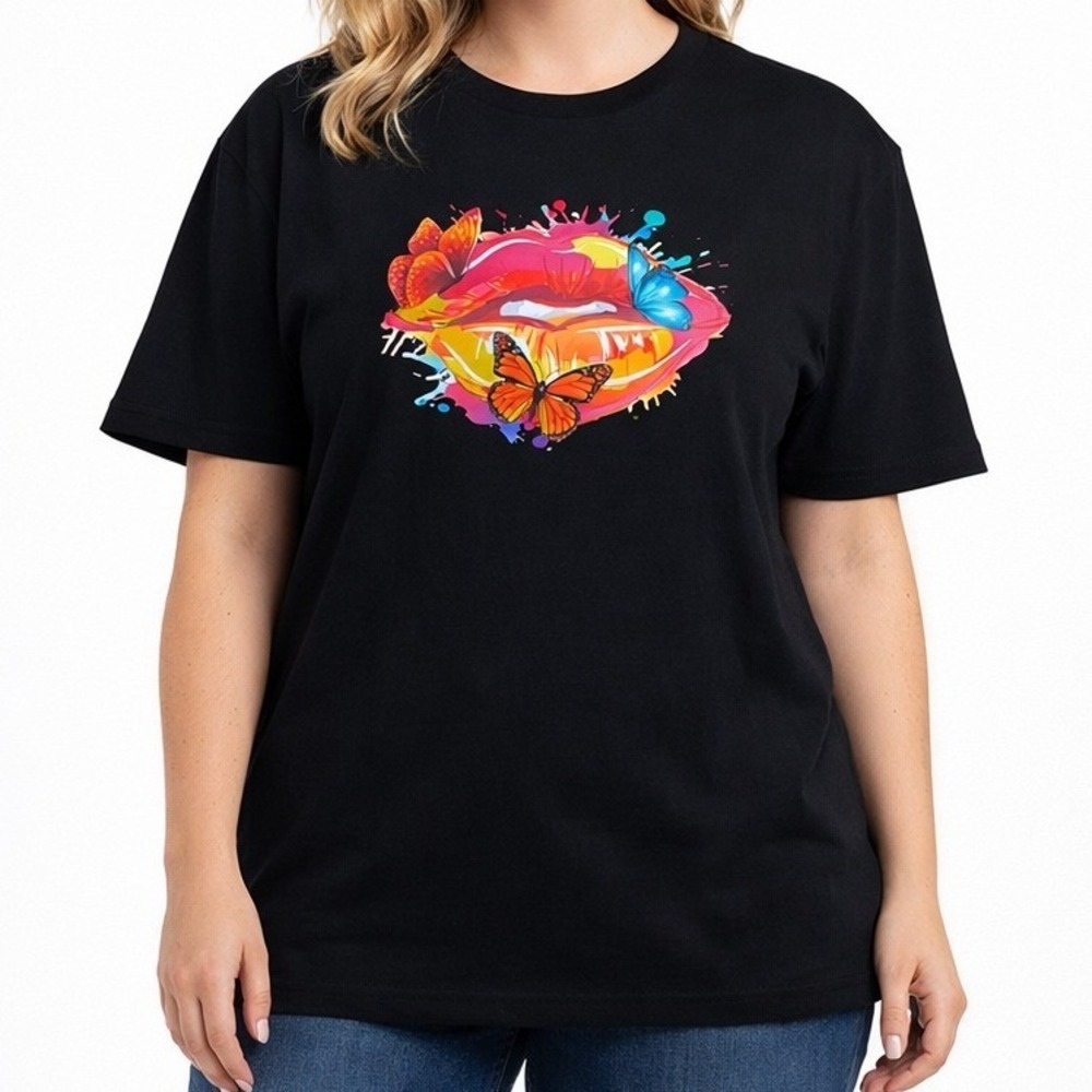 Gildan Butterfly Kisses Graphic T-Shirt Large Black Heavy Cotton New